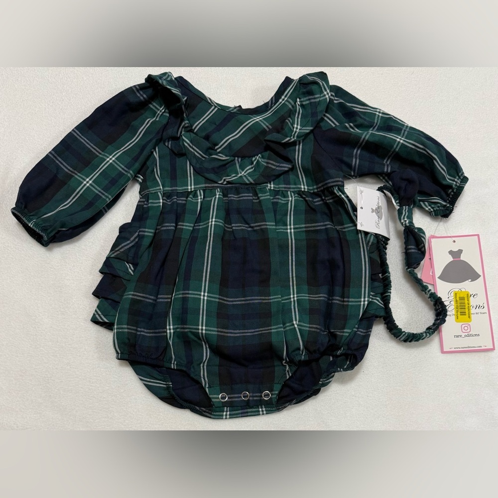 Infant Girl 6M Christmas Green/Blue Plaid Romper W/ Ruffle Bottom & Headband Set